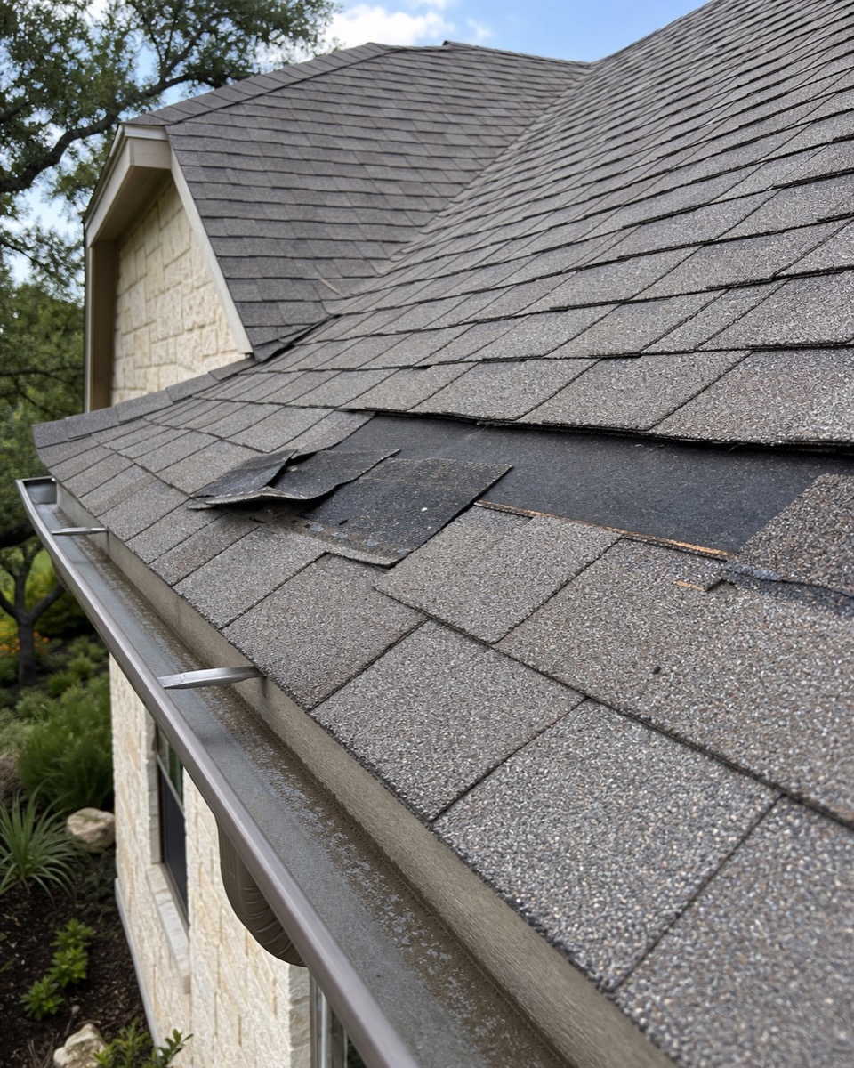 Missing shingles on a pitched roof